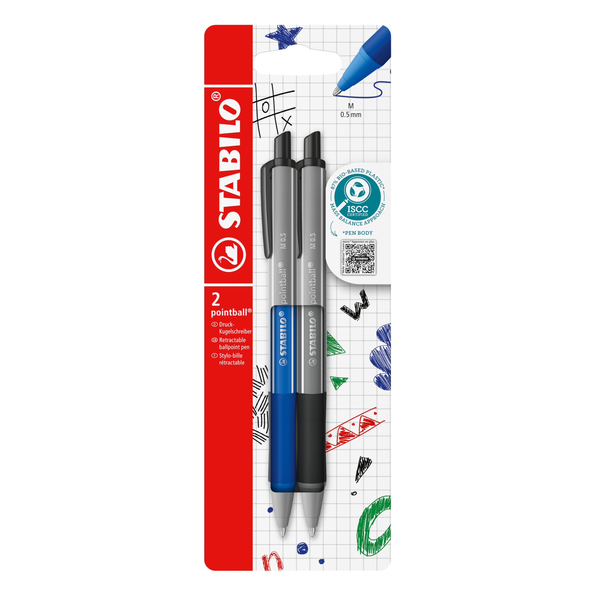 stabilo-pointball-colorful-blister-2-stylos-bille-rechargeables-bleu-et-noir image 1