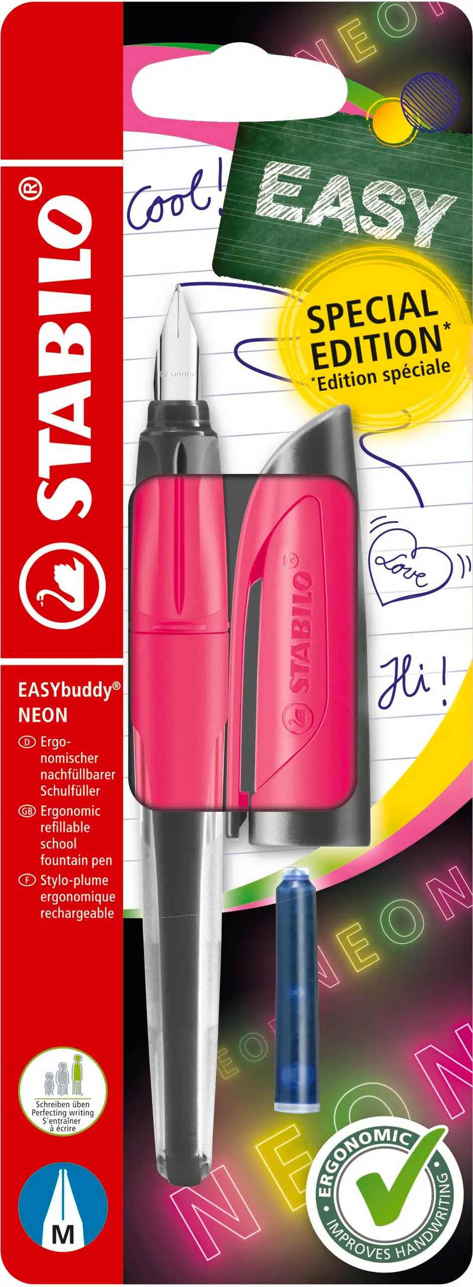 stabilo-easybuddy-neon-stylo-plume-ergonomique-plume-m-rose-fluo-cartouche image 1