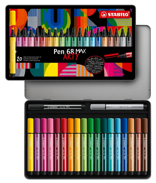 stabilo-pen-68-max-arty-bo-te-m-tal-20-feutres-coloriage-pointe-biseaut-e image 1