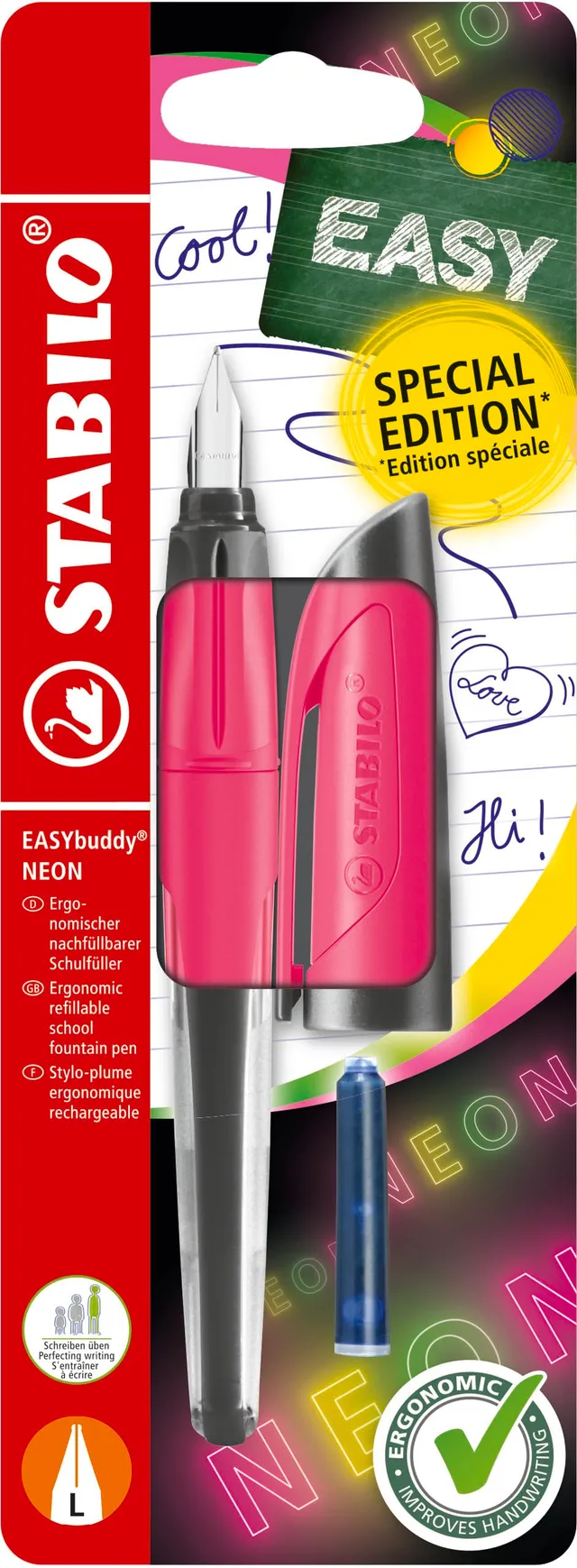 stabilo-easybuddy-neon-rose-fluo-stylo-plume-ergonomique-plume-l-gaucher-cartouc image 1