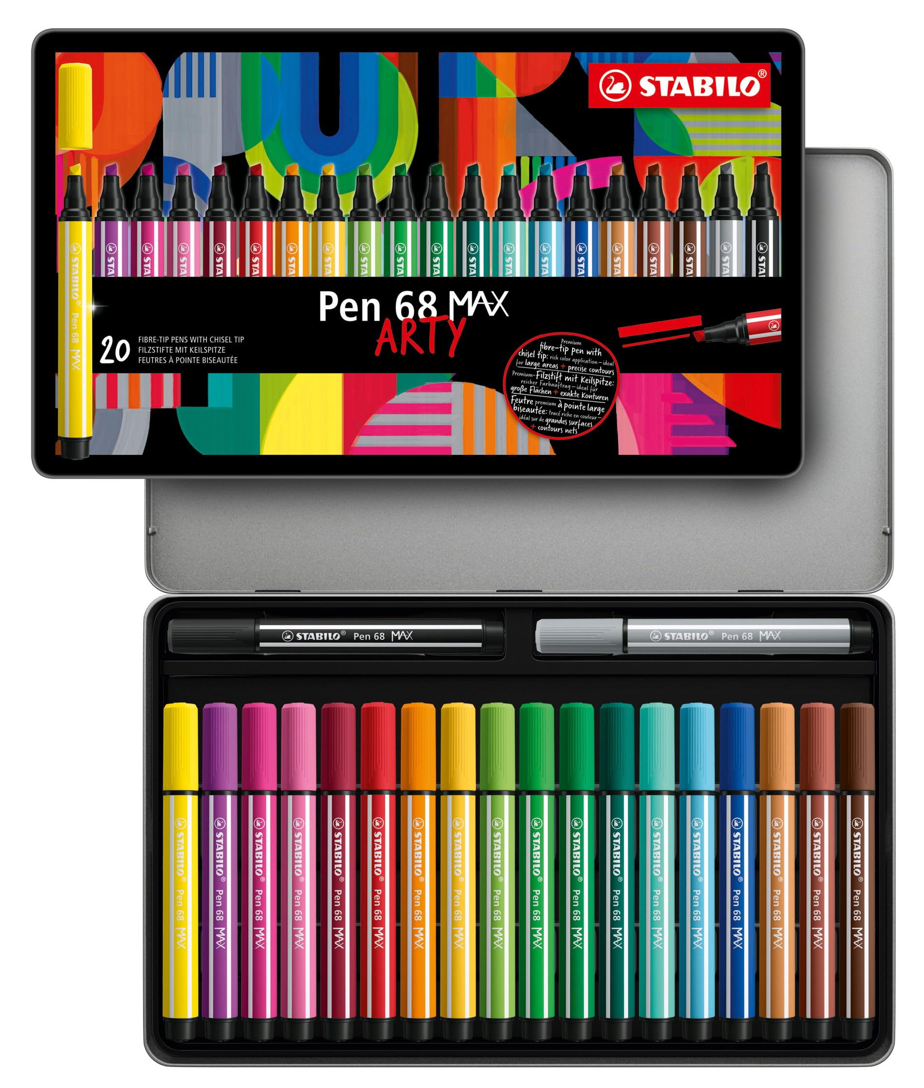 stabilo-pen-68-max-arty-bo-te-m-tal-20-feutres-coloriage-pointe-biseaut-e image 1
