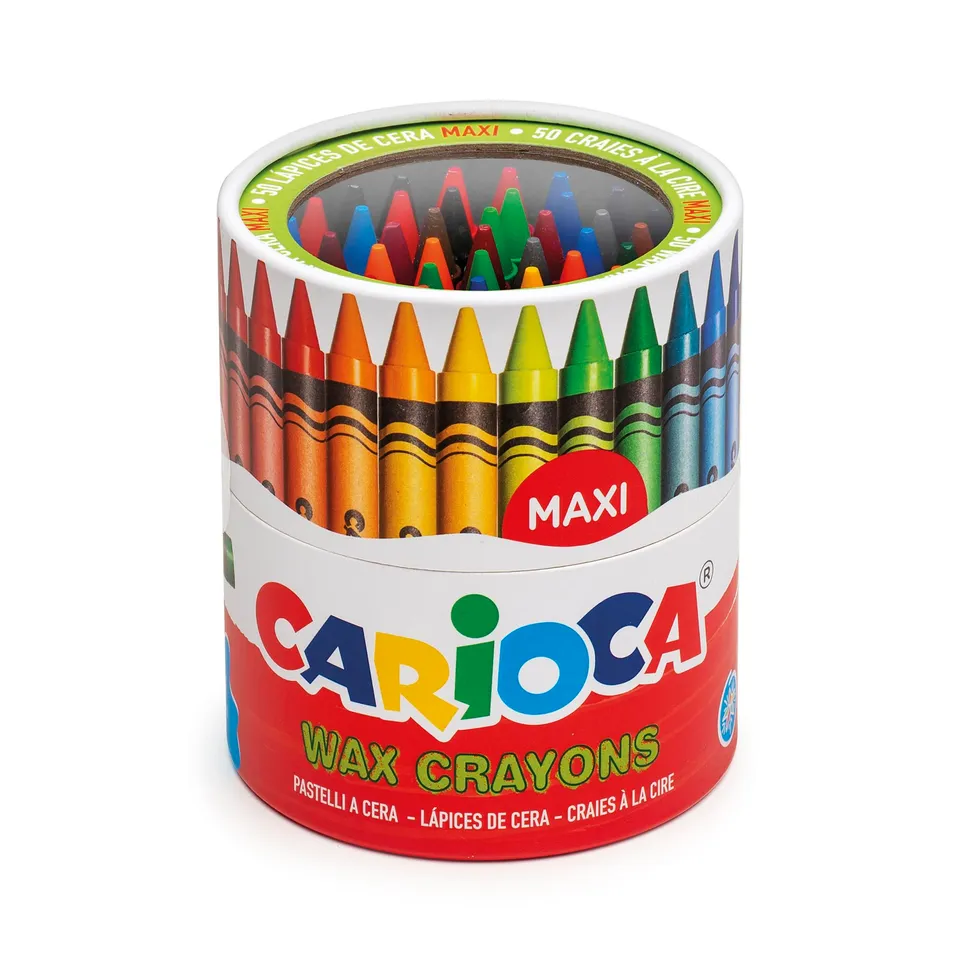 carioca-maxi-bo-te-de-50-crayons-de-cire-pointe-12-mm-couleurs-vives-lavables image 1