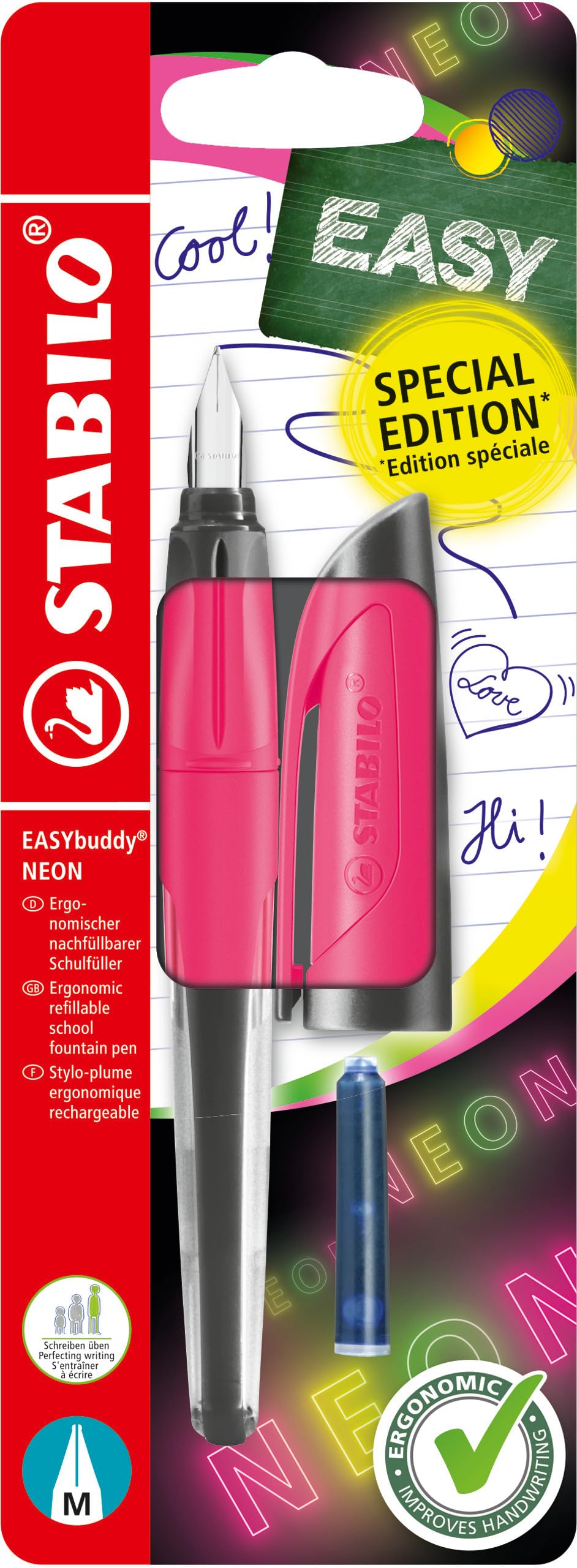 stabilo-easybuddy-neon-stylo-plume-ergonomique-plume-m-rose-fluo-cartouche image 1