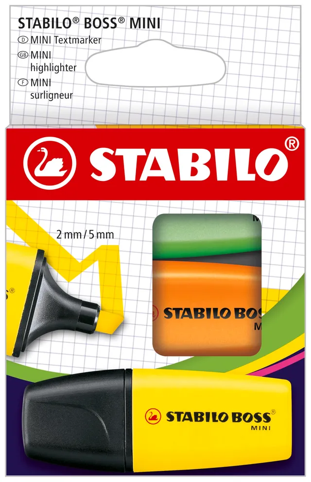 stabilo-boss-mini-tui-carton-de-3-mini-surligneurs-fluo-jaune-orange-vert image 1