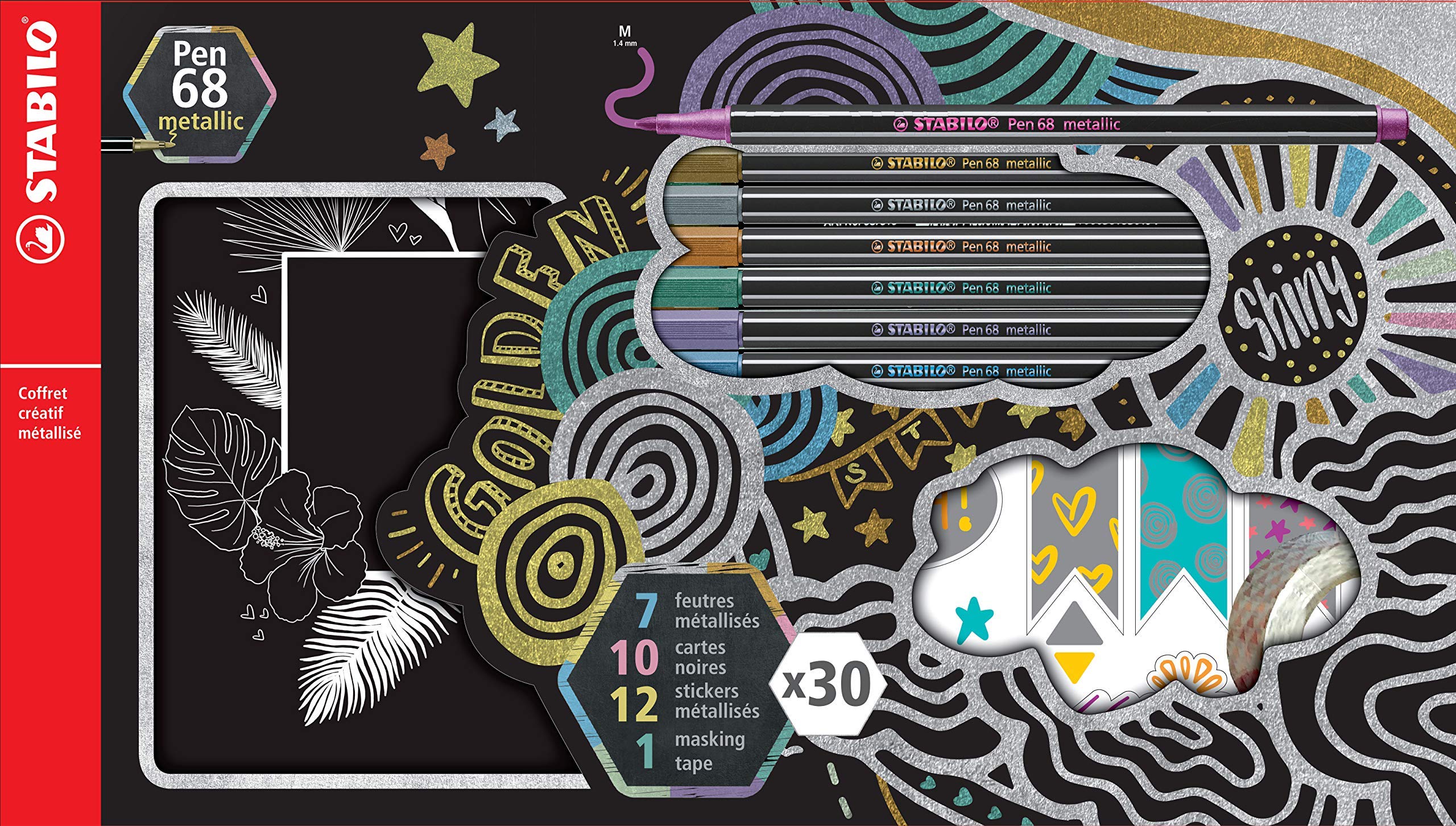 stabilo-pen-68-metallic-coffret-cr-atif-7-feutres-m-tallis-s-stickers-cartes-mas image 1
