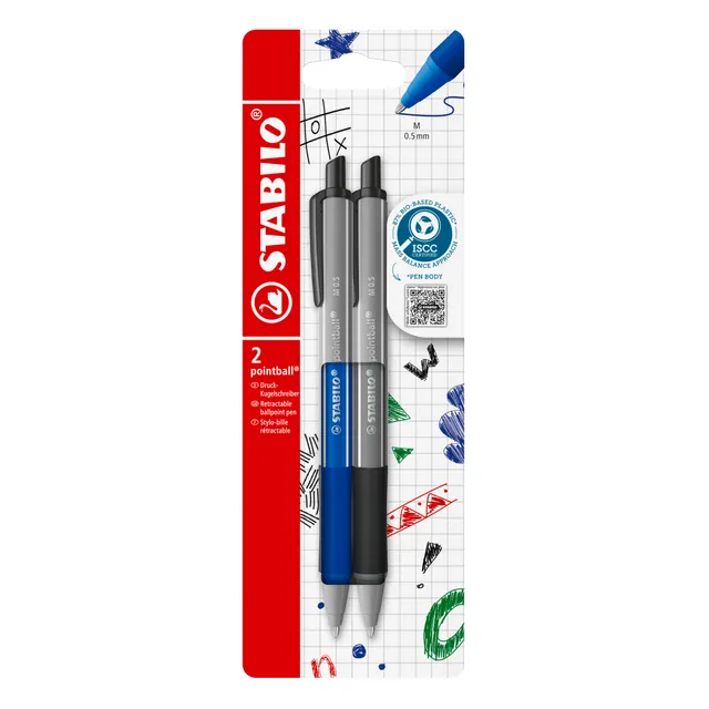stabilo-pointball-colorful-blister-2-stylos-bille-rechargeables-bleu-et-noir image 1