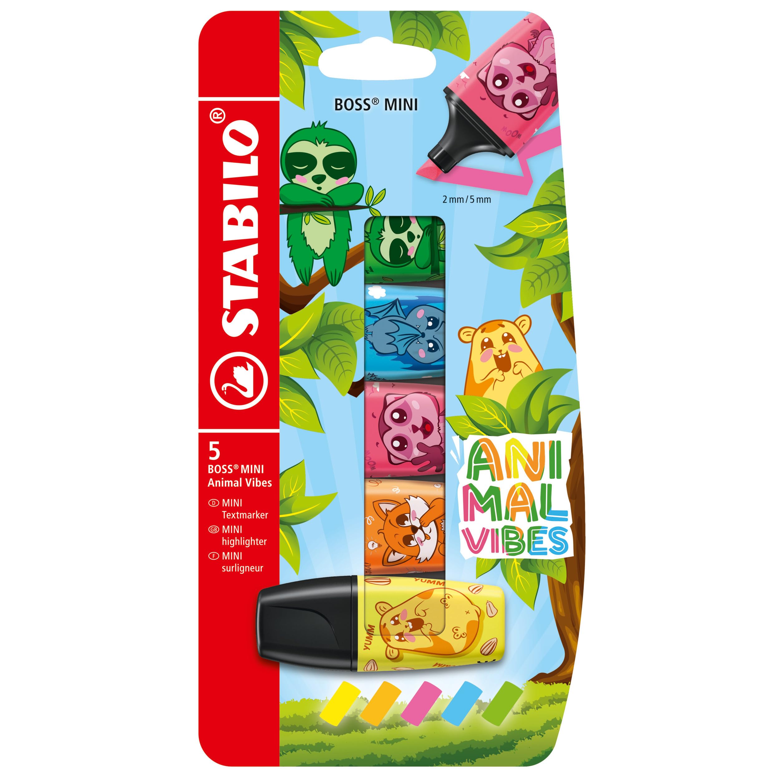 stabilo-boss-mini-animal-vibes-etui-carton-de-5-mini-surligneurs-fluo-coloris-as image 1
