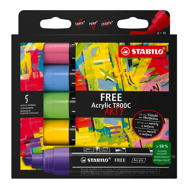 stabilo-free-acrylic-t800c-set-de-5-marqueurs-acryliques-pointe-large-biseaut-e- image 1