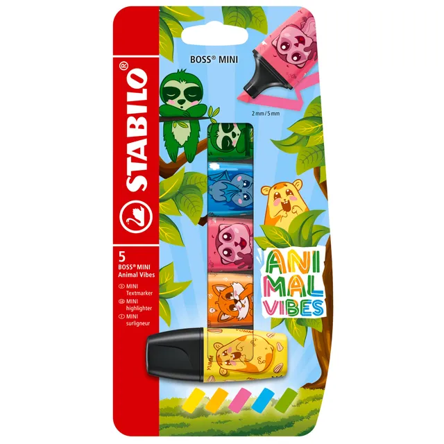 stabilo-boss-mini-animal-vibes-etui-carton-de-5-mini-surligneurs-fluo-coloris-as image 1