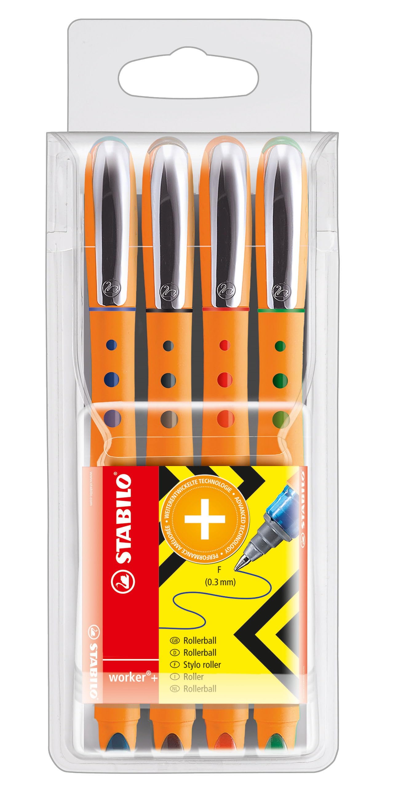stabilo-worker-pochette-de-4-stylos-roller-pointe-fine-0-3-mm-noir-bleu-rouge-ve image 1