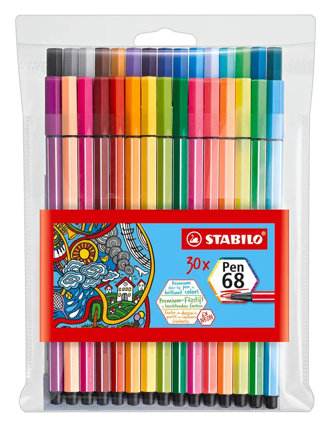 stabilo-pen-68-pochette-de-30-feutres-de-coloriage-pointe-moyenne-dont-6-fluo image 1