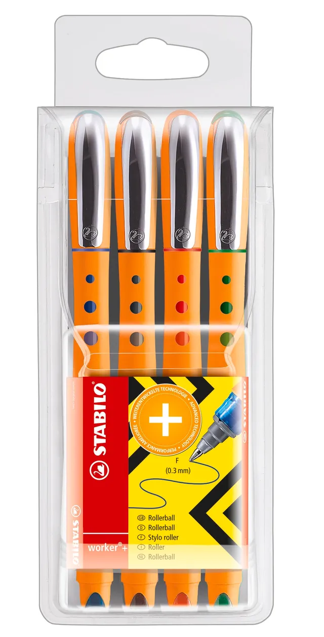 stabilo-worker-pochette-de-4-stylos-roller-pointe-fine-0-3-mm-noir-bleu-rouge-ve image 1