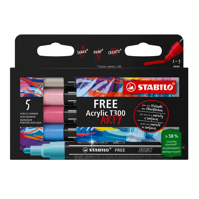 stabilo-free-acrylic-t300-etui-5-marqueurs-acryliques-pointe-moyenne-set-candy image 1