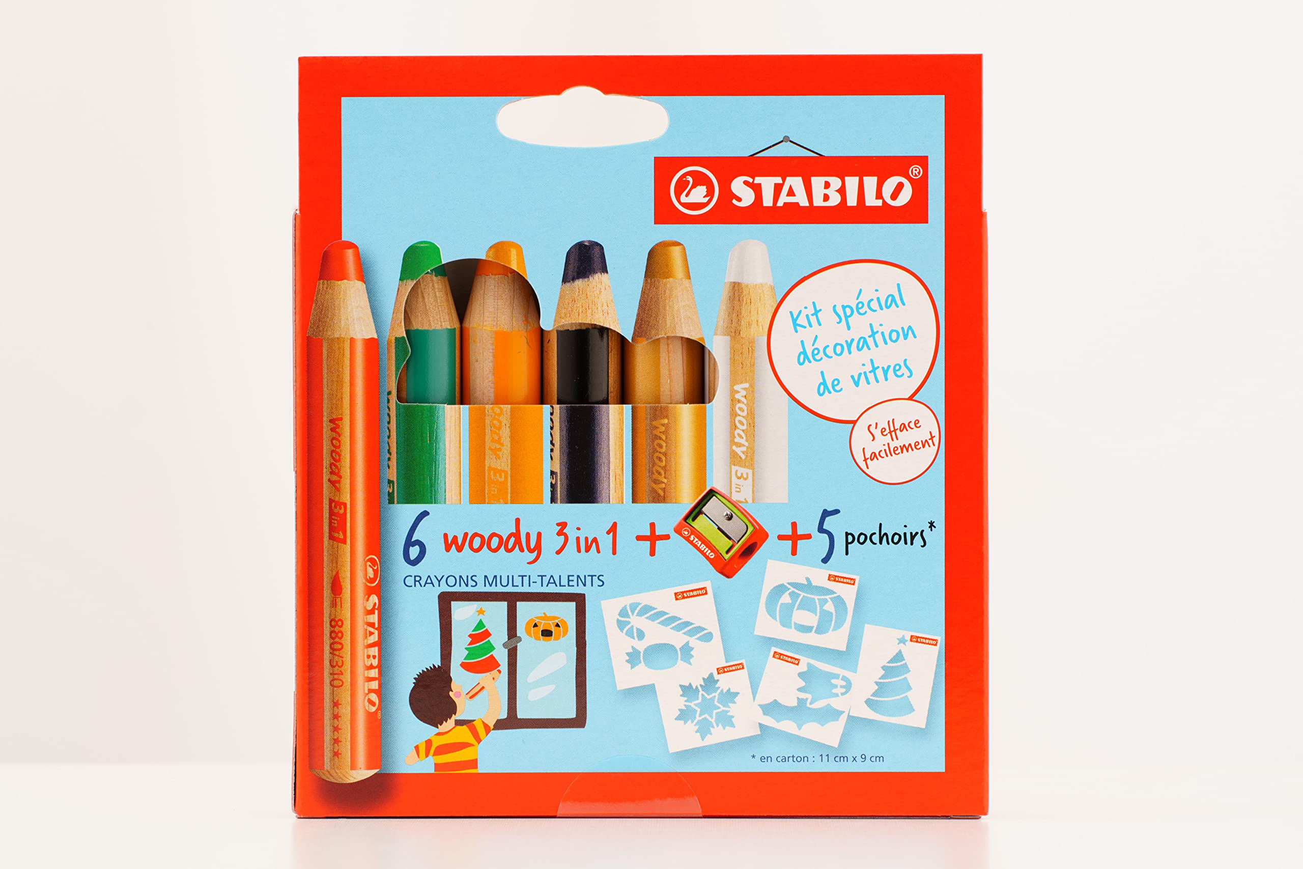 stabilo-woody-3-in-1-tui-x-6-crayons-d-coration-vitres-taille-crayon-5-pochoirs image 1