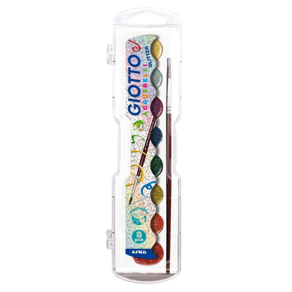 giotto-acquerelli-glitter-gouache-pastilles-bo-te-8-couleurs-paillet-es-pinceau image 1
