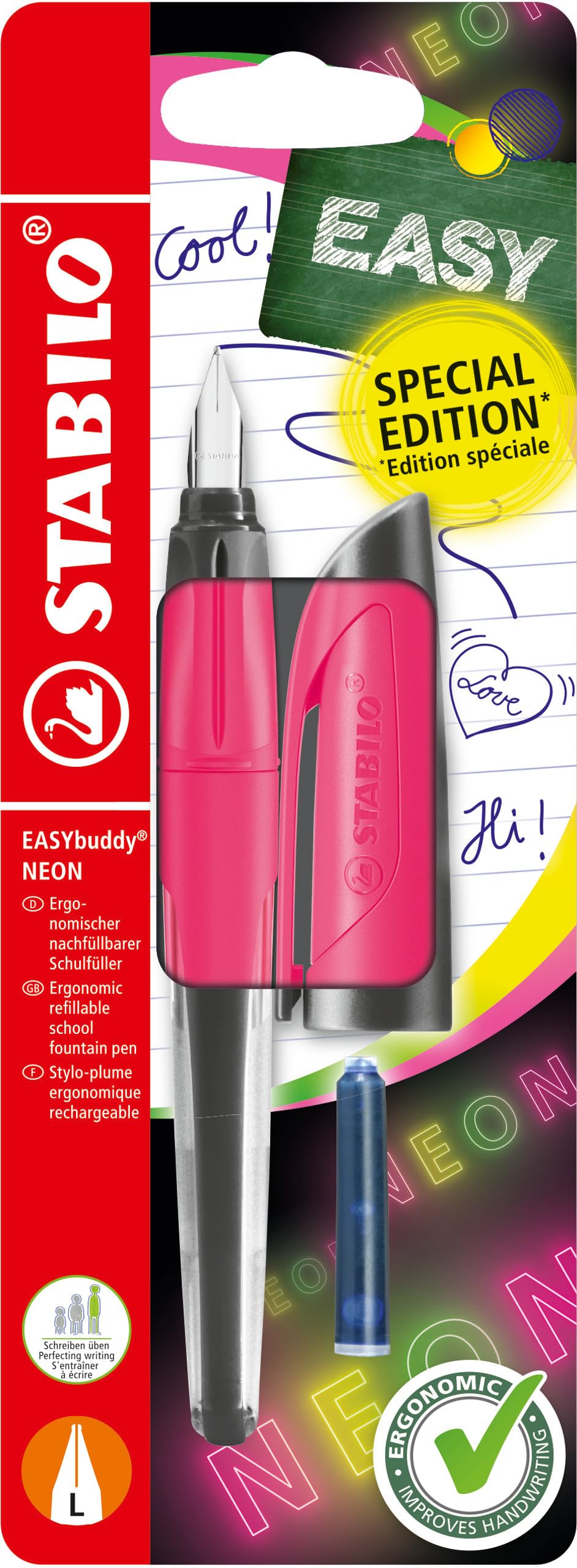 stabilo-easybuddy-neon-rose-fluo-stylo-plume-ergonomique-plume-l-gaucher-cartouc image 1