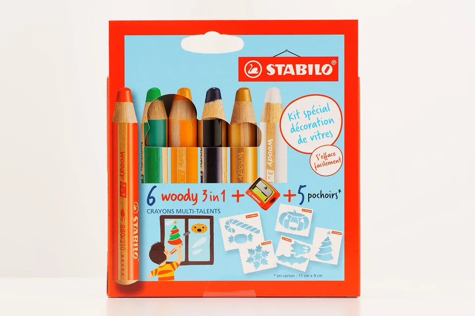 stabilo-woody-3-in-1-tui-x-6-crayons-d-coration-vitres-taille-crayon-5-pochoirs image 1
