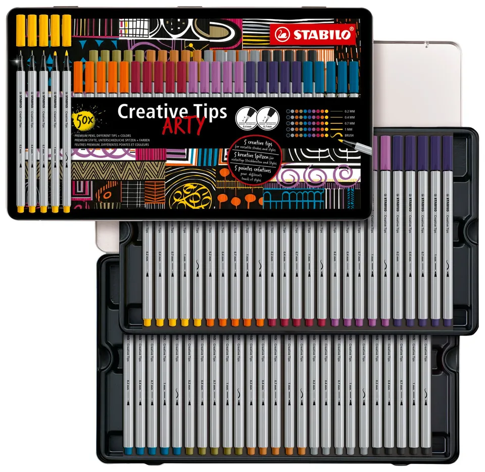 stabilo-creative-tips-bo-te-m-tal-50-feutres-dessin-calligraphie-5-pointes image 1