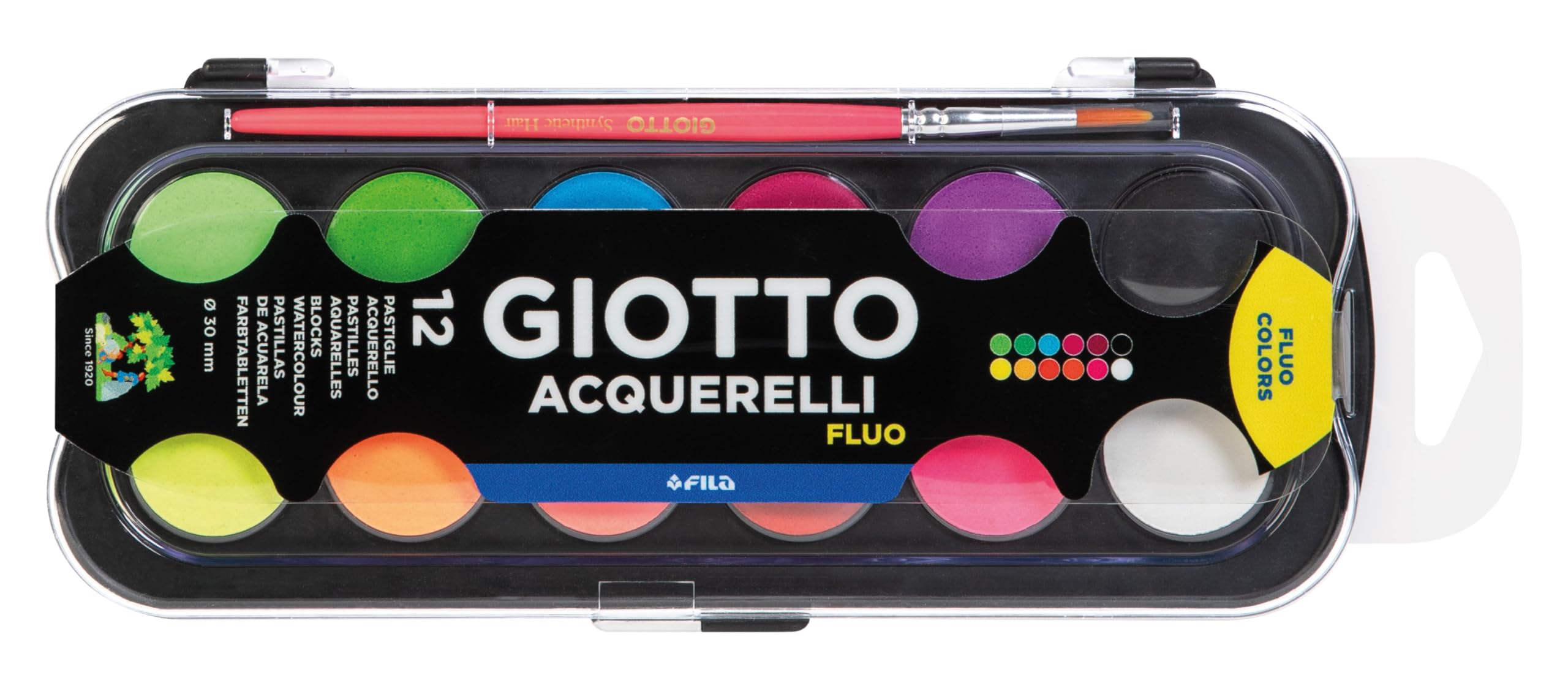giotto-acquerelli-fluo-bo-te-12-pastilles-de-gouache-fluorescente-30-mm-pinceau image 1