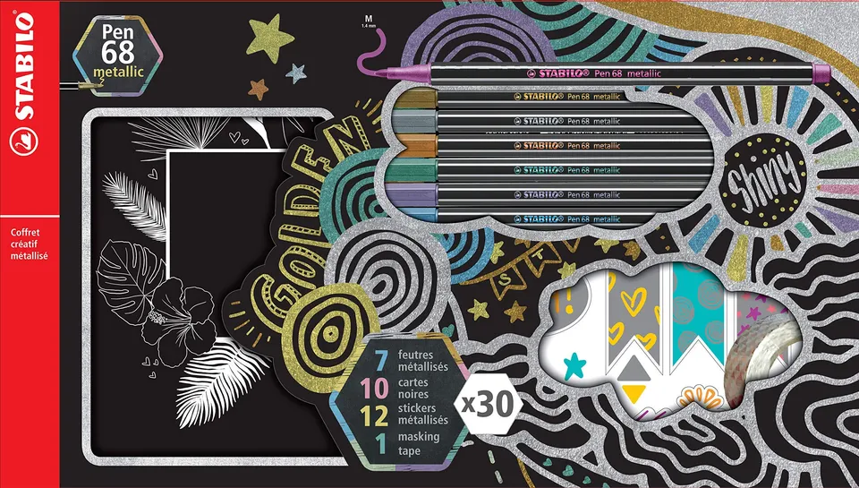 stabilo-pen-68-metallic-coffret-cr-atif-7-feutres-m-tallis-s-stickers-cartes-mas image 1