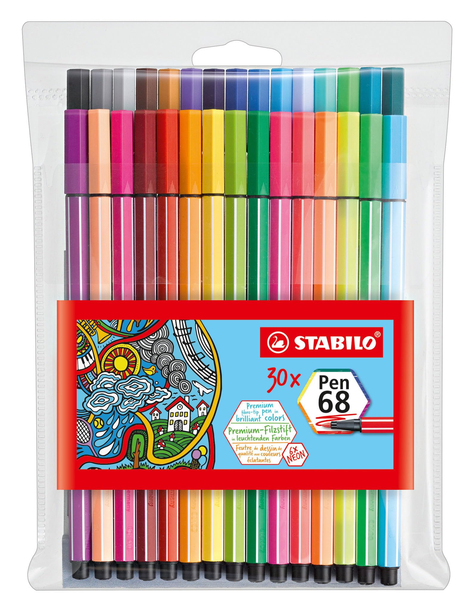stabilo-pen-68-pochette-de-30-feutres-de-coloriage-pointe-moyenne-dont-6-fluo image 1