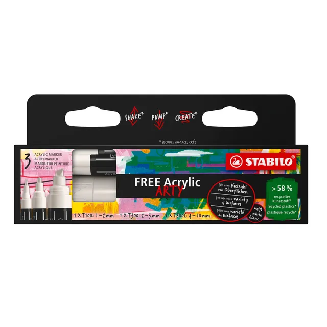 stabilo-free-acrylic-marqueur-acrylique-blanc-tui-carton-x-3-pointes-mixtes image 1