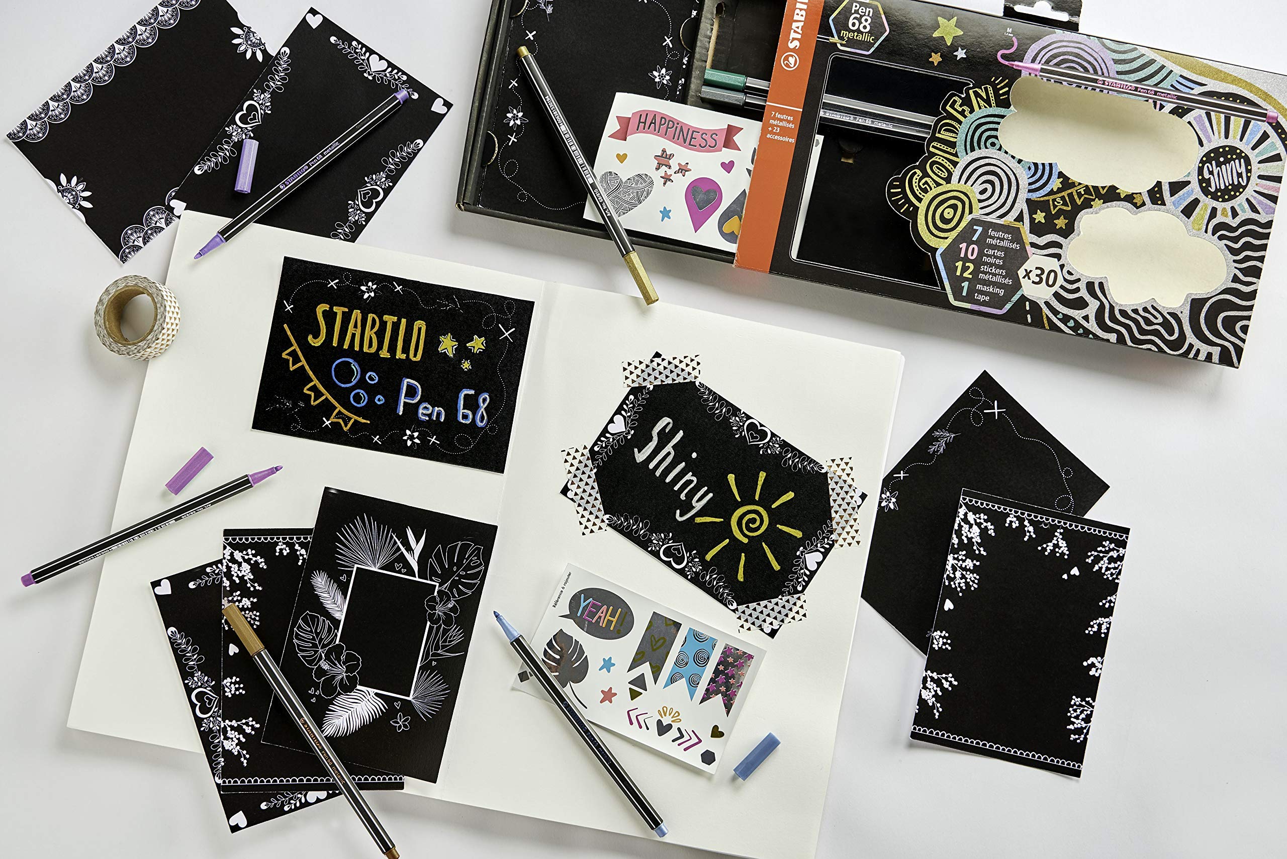 stabilo-pen-68-metallic-coffret-cr-atif-7-feutres-m-tallis-s-stickers-cartes-mas image 3